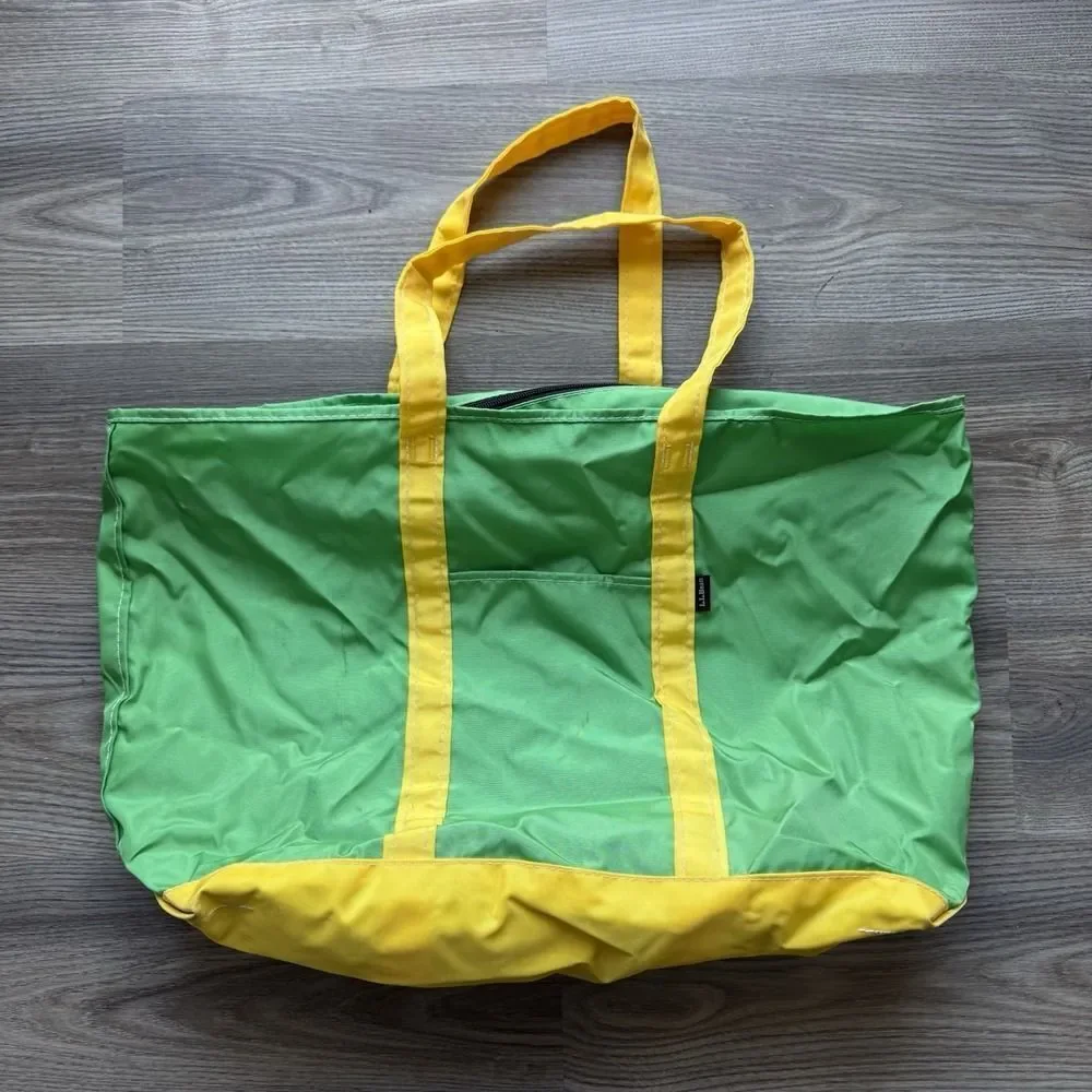 Vintage LL Bean Boat And Tote Bag Large Green Yellow Nylon 80s 90s Oregon Rare